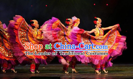 Chinese Folk Ethnic Dance Costume Traditional Minority Clothing National Costumes and Headwear Complete Set for Women