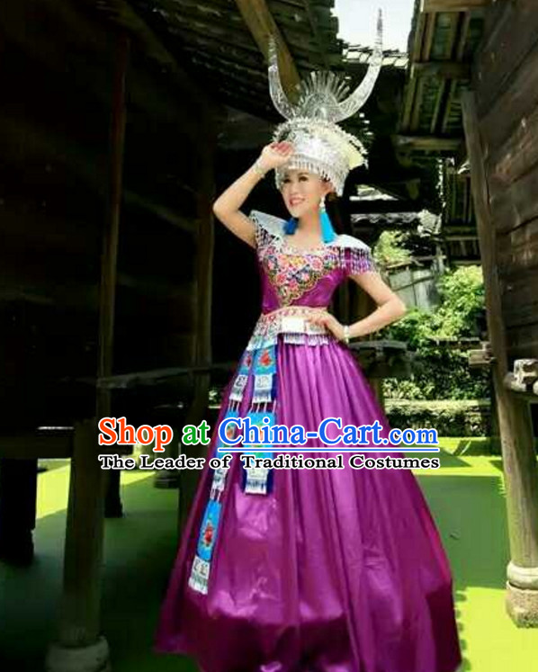 Traditional Chinese Hmong Singer Costumes Miao Dress Asian Ethnic Clothing National Costume Attire and Silver Hat Complete Set for Women