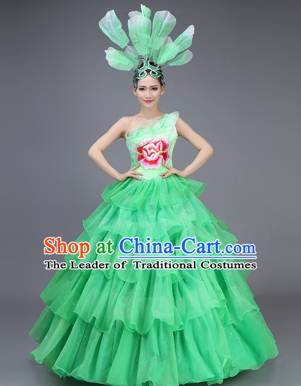 Chinese Flower Dance Costume Dance Costumes Fan dance Umbrella Ribbon Fans Water Sleeve Dancer Dancing Costumes Complete Set