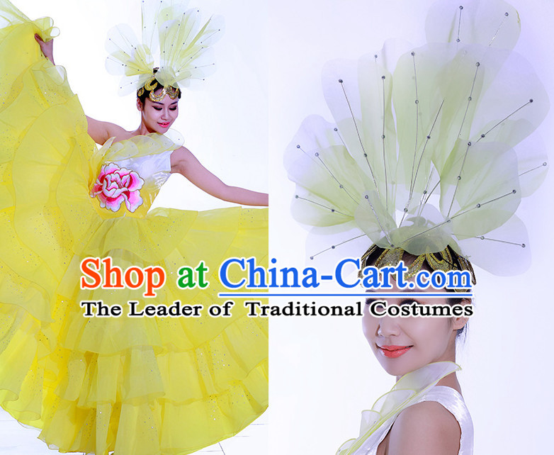 Yellow Chinese Flower Dance Costume Dance Costumes Fan dance Umbrella Ribbon Fans Water Sleeve Dancer Dancing Costumes Complete Set