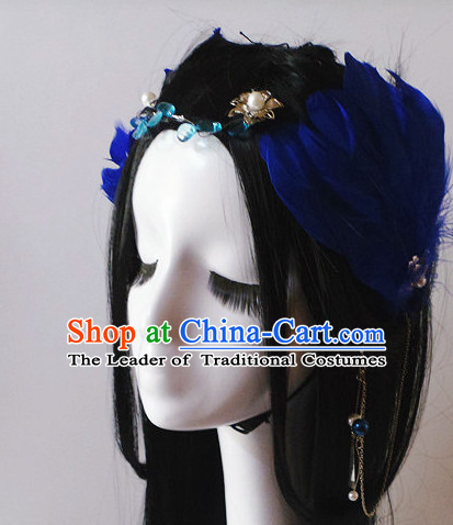 Blue Chinese Classical Feather Hair Headwear Crowns Hats Headpiece Hair Accessories Jewelry Set