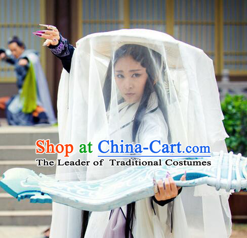 Chinese Ancient Swordsman Bamboo Coolie Hat with White Long Veil