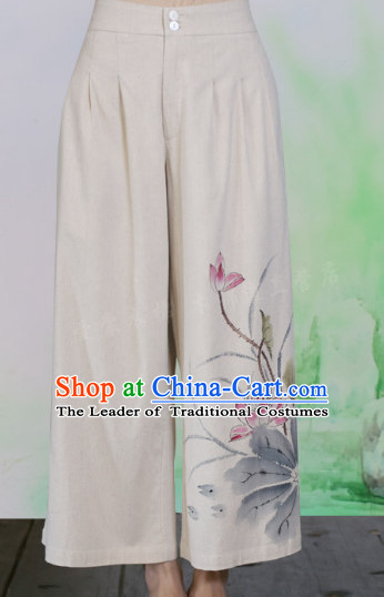 Chinese Classical Hands Painted Lotus Mandarin Pants