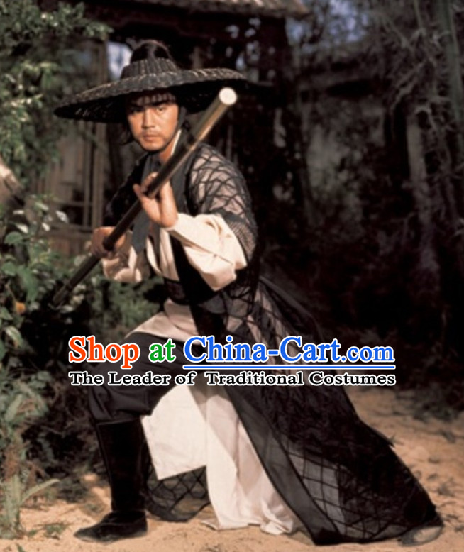 Chinese Ancient Swordsman Clothing Knight Costumes and Bamboo Hat Complete Set for Men