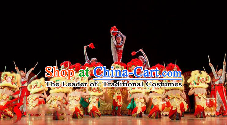 Traditional Chinese Yangge, Children Fan Dancing Wholesale Costume, Folk Dance Yangko Drum Dance Costume, Traditional Chinese Nationality Drums Dancewear for Kids