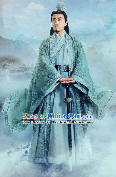 Traditional Chinese Ancient Old Men Embroidered Costumes, Ancient Chinese Cosplay Swordsmen Knight Costume Complete Set for Men