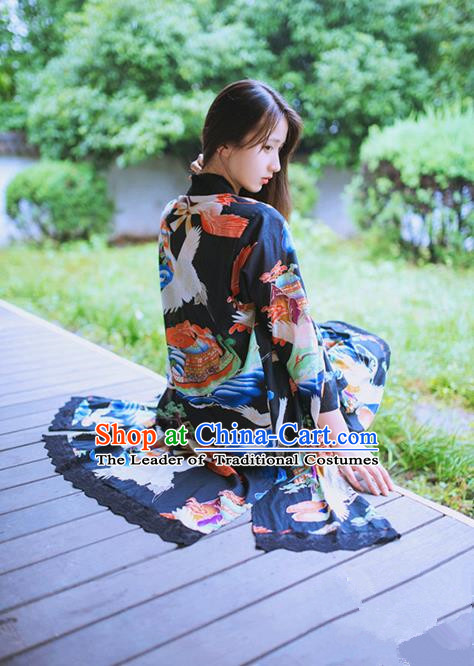 Traditional Japanese Restoring Ancient Kimono Costume Crane Smock, China Modified Long Cardigan for Women