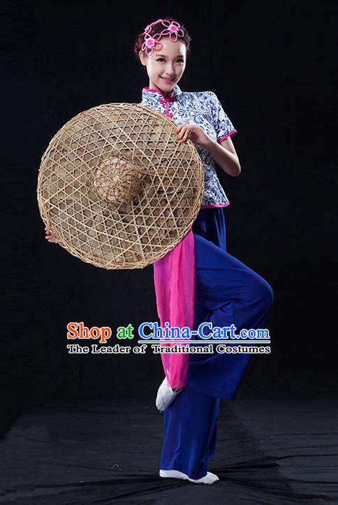 Traditional Chinese Classical Yangko Blue and White Porcelain Dance Clothing, Yangge Fan Dancing Costume Suits, Folk Dance Yangko Costume for Women
