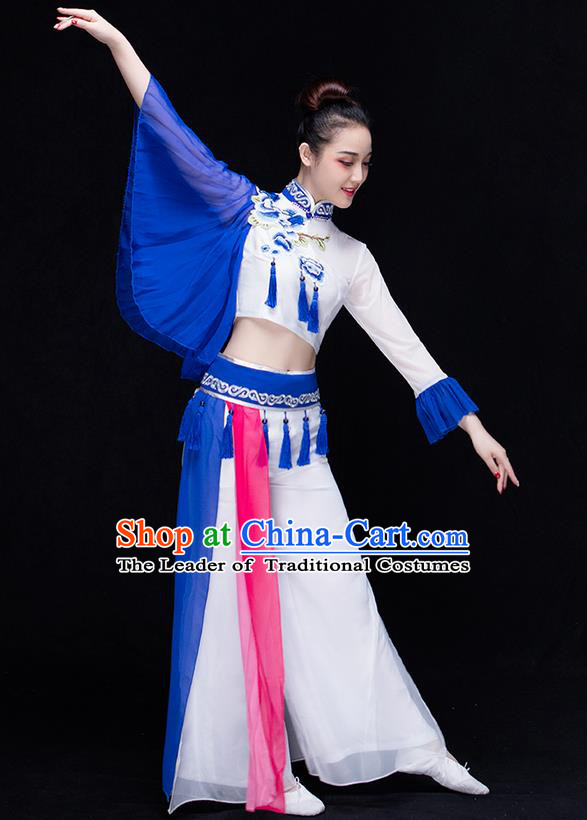 Traditional Chinese Classical Yangko Water-Sleeve Dance Blue and White Porcelain Dress, Yangge Fan Dancing Costume Umbrella Dance Suits, Folk Dance Yangko Costume for Women