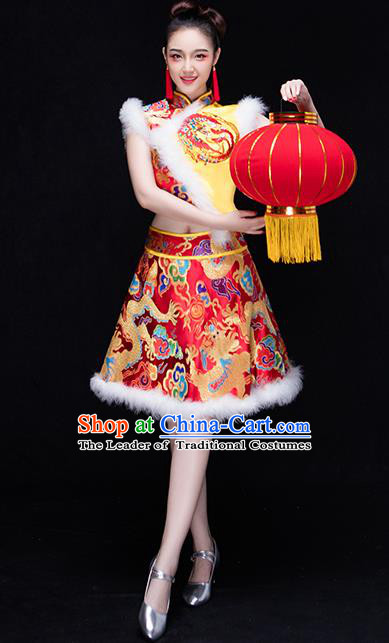 Traditional Chinese Classical Yangko Drum Dance Dress, New Year Yangge Fan Dancing Costume Umbrella Dance Suits, Folk Dance Yangko Costume for Women