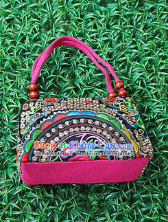 Traditional Chinese Miao Nationality Palace Handmade Embroidery Peony Handbag Hmong Handmade Embroidery Canvas Bags for Women