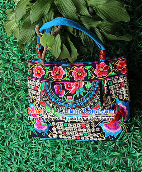 Traditional Chinese Miao Nationality Palace Handmade Double-Sided Embroidery Peony Handbag Hmong Handmade Embroidery Canvas Single Shoulder Bags for Women
