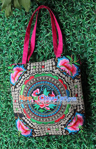 Traditional Chinese Miao Nationality Palace Handmade Single-Sided Embroidery Peony Butterfly Handbag Hmong Handmade Embroidery Canvas Single Shoulder Bags for Women