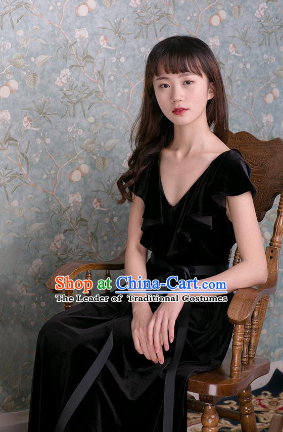 Traditional Classic Women Clothing, Traditional Goose Down Even Garment Skirt Falbala Velvet Long Black Dress for Women