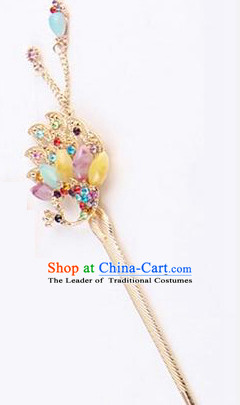 Korean Traditional Style Hairpins Bride Head Wear Up Do Tassels Bu Yao Peacock Spreading Tail Feathers Hair Clasp