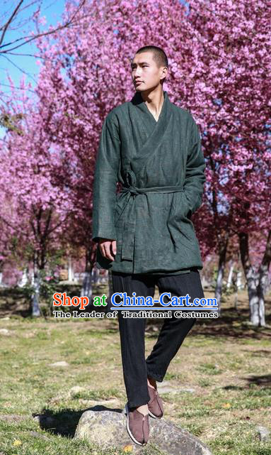 Traditional Chinese Hooded Cotton Linen Double-Breasted Men Tang Suit Plate Buttons Costumes, Chinese Style Ancient Thick Cotton Wadded Robe Hanfu Male Winter Long Coat