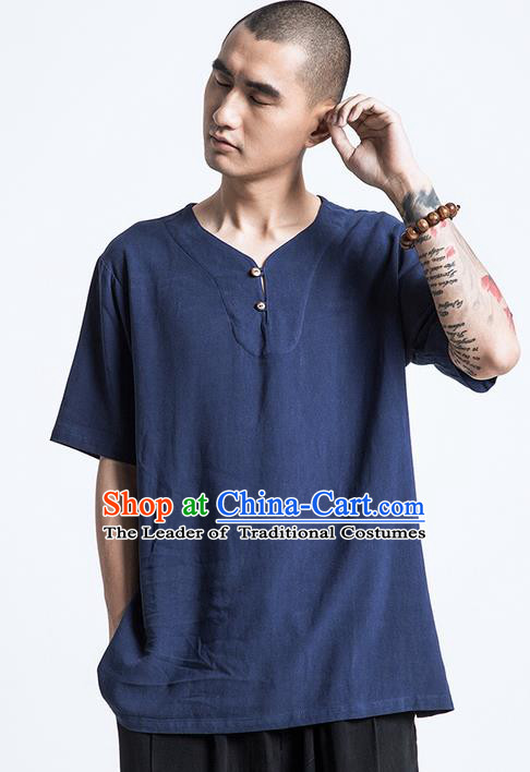 Traditional Chinese Linen Tang Suit Men Costumes, Chinese Ancient Silk Floss Short Sleeved T-Shirt Coconut Buttons Costume for Men