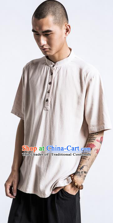 Traditional Chinese Linen Tang Suit Men Costumes, Chinese Ancient Coconut Buttons Short Sleeved T-Shirt Costume for Men