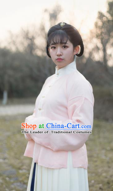 Traditional Chinese Ming Dynasty Young Lady Embroidered Costume Pink Cotton-Padded Jacket, Asian China Ancient Hanfu Blouse for Women