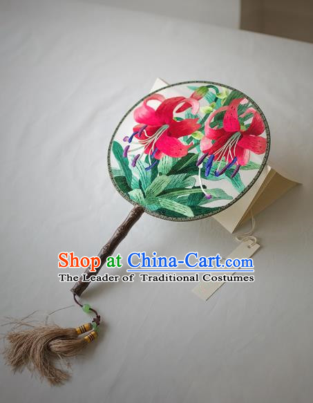 Traditional Chinese Palace Lady Accessories Hanfu Embroidered Lily Flowers Circular Fans, Asian China Ancient Round Fan for Women