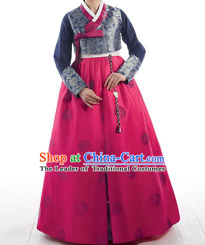 Traditional Korean Costumes Princess Navy Blouse and Pink Dress, Korea Hanbok Court Embroidered Clothing for Women