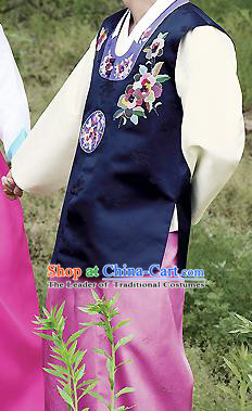 Traditional Korean Costumes Bridegroom Formal Attire Ceremonial Navy Cloth, Asian Korea Hanbok Embroidered Clothing for Men