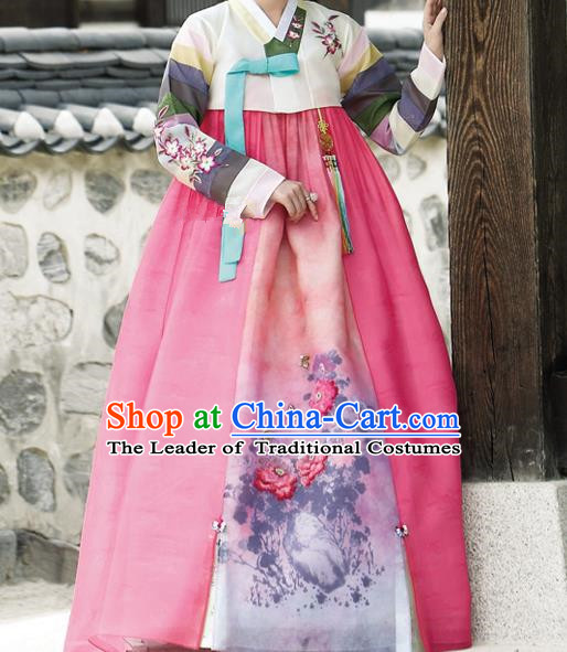 Traditional Korean Costumes Palace Lady Formal Attire Ceremonial Wedding Pink Dress, Asian Korea Hanbok Court Bride Clothing for Women