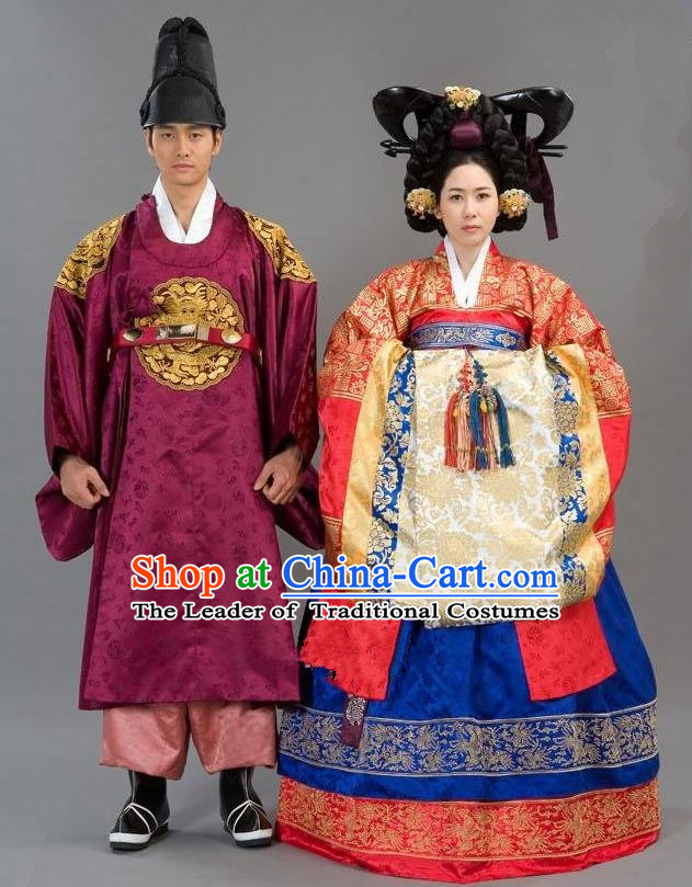 Traditional Korean Costumes Emperor and Empress Formal Attire Ceremonial Wedding Red Clothing, Asian Korea Hanbok Embroidered Clothing for Women for Men