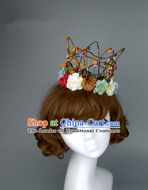 Top Grade Handmade Princess Hair Accessories Model Show Rattan Flowers Royal Crown, Baroque Style Bride Deluxe Headwear for Women
