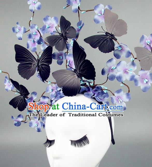 Asian China Butterfly Lilac Flowers Hair Accessories Model Show Headdress, Halloween Ceremonial Occasions Miami Deluxe Headwear