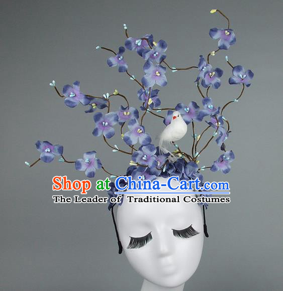 Asian China Lilac Flowers Hair Accessories Model Show Headdress, Halloween Ceremonial Occasions Miami Deluxe Headwear