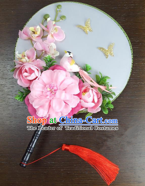Traditional Handmade Chinese Ancient Wedding Round Fans, Hanfu Palace Lady Pink Peony Flowers Bride Mandarin Fans for Women