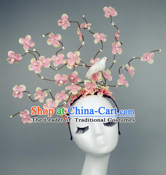 Asian China Pink Flowers Hair Accessories Model Show Headdress, Halloween Ceremonial Occasions Miami Deluxe Headwear