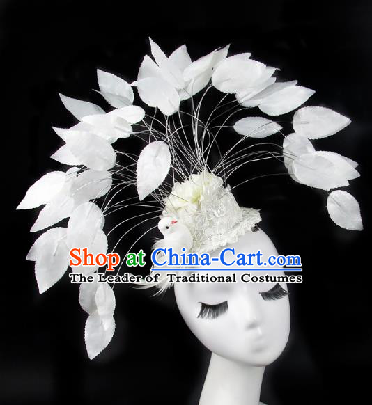 Asian China Exaggerate Hair Accessories Model Show White Feather Hat, Halloween Ceremonial Occasions Miami Deluxe Headwear