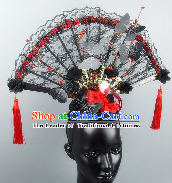 Traditional Handmade Chinese Ancient Hair Accessories, Qin Dynasty Queen Hat Black Lace Headwear Hair Fascinators Tuinga for Women
