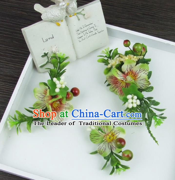 Asian China Wedding Bride Hair Accessories Pastoralism Green Flower Hair Stick Baroque Headwear for Women