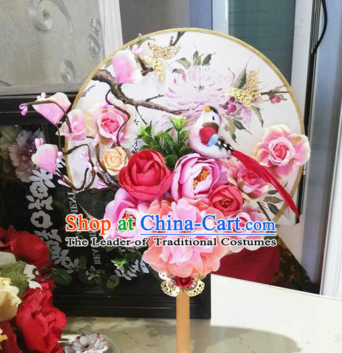 Traditional Handmade Chinese Ancient Wedding Round Fans, Hanfu Palace Lady Bride Pink Rose Mandarin Fans for Women