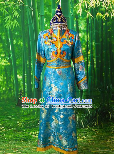 Traditional Chinese Mongol Nationality Dancing Costume, Mongols Female Folk Dance Robe Embroidery Clothing for Women