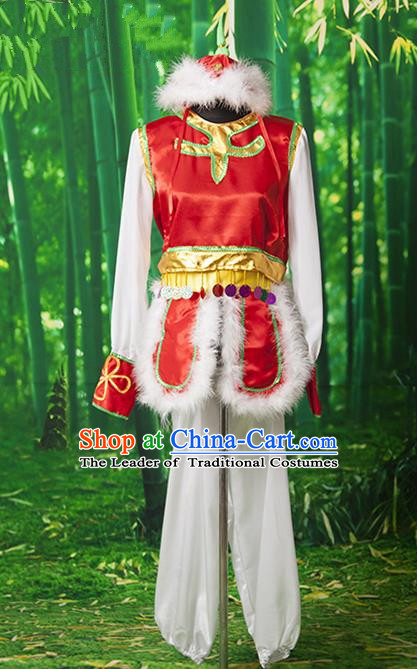 Traditional Chinese Mongol Nationality Dancing Costume, Mongols Female Folk Dance Embroidery Clothing for Women