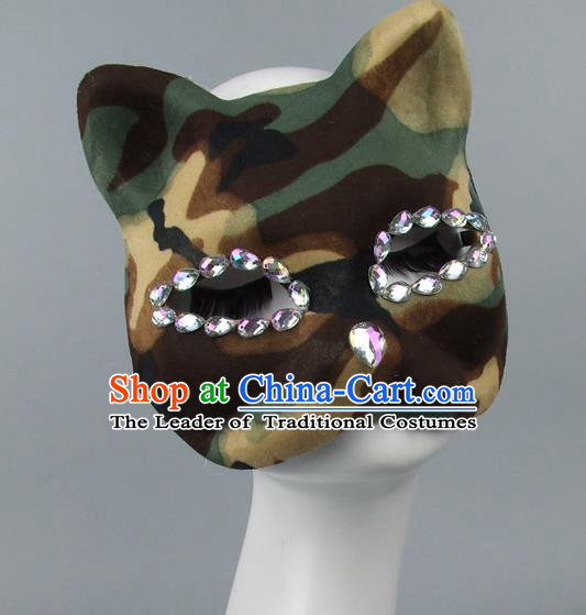 Handmade Exaggerate Fancy Ball Accessories Model Show Crystal Cat Green Mask, Halloween Ceremonial Occasions Face Mask