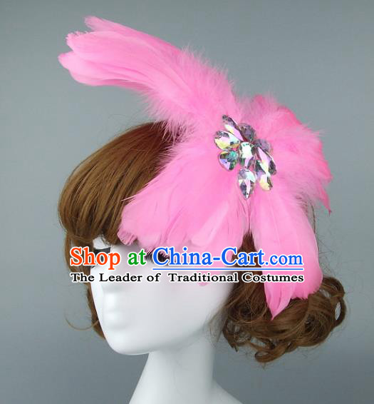 Top Grade Handmade Halloween Hair Accessories Model Show Pink Feather Hair Stick, Baroque Style Deluxe Headwear for Women