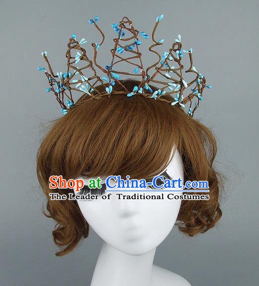 Top Grade Handmade Wedding Hair Accessories Model Show Rattan Plaited Blue Royal Crown, Baroque Style Bride Deluxe Headwear for Women