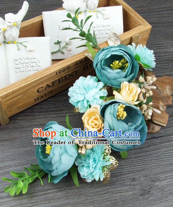 Top Grade Handmade Wedding Hair Accessories Green Silk Flowers Hair Stick Headpiece, Baroque Style Bride Headwear for Women