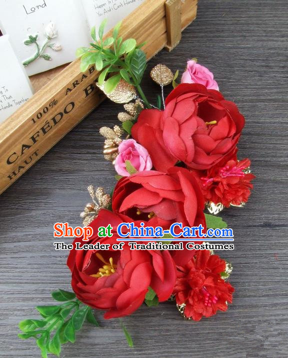Top Grade Handmade Wedding Hair Accessories Red Silk Rose Flowers Hair Stick Headpiece, Baroque Style Bride Headwear for Women