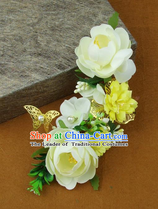 Top Grade Handmade Wedding Hair Accessories Yellow Silk Flowers Butterfly Hair Stick, Baroque Style Bride Headwear for Women