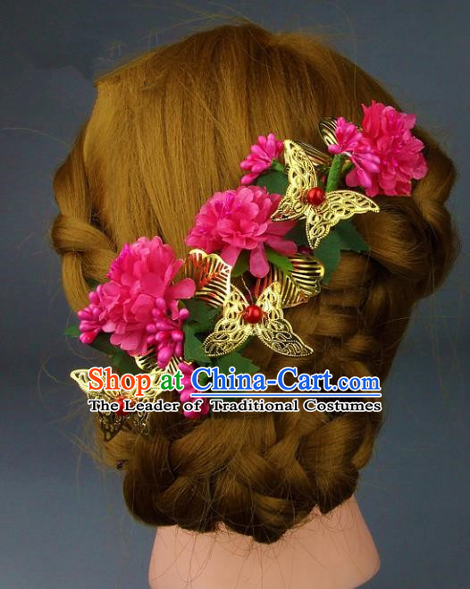 Top Grade Handmade Wedding Hair Accessories Rosy Headdress Silk Flowers, Baroque Style Bride Butterfly Headwear for Women