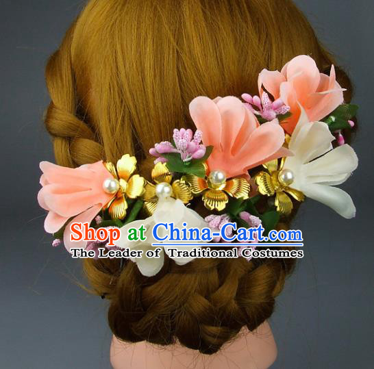 Top Grade Handmade Wedding Hair Accessories Pink Headdress Silk Flowers, Baroque Style Bride Pearls Headwear for Women