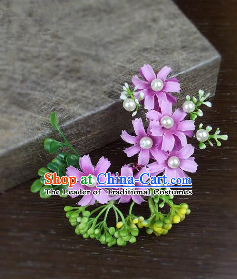 Top Grade Handmade Wedding Hair Accessories Headdress Purple Silk Flowers, Baroque Style Bride Pearls Headwear for Women
