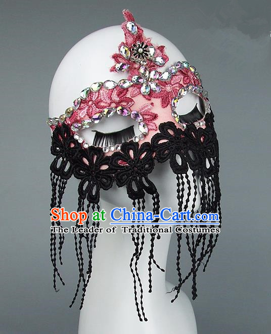 Top Grade Handmade Exaggerate Fancy Ball Model Show Lace Tassel Crystal Mask, Halloween Ceremonial Occasions Face Mask