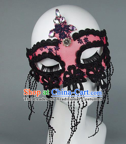 Top Grade Handmade Exaggerate Fancy Ball Model Show Pink Lace Tassel Crystal Mask, Halloween Ceremonial Occasions Face Mask
